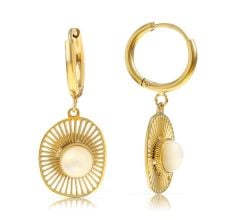 Gold Sun Pendant Hoop Earrings with Freshwater Pearl